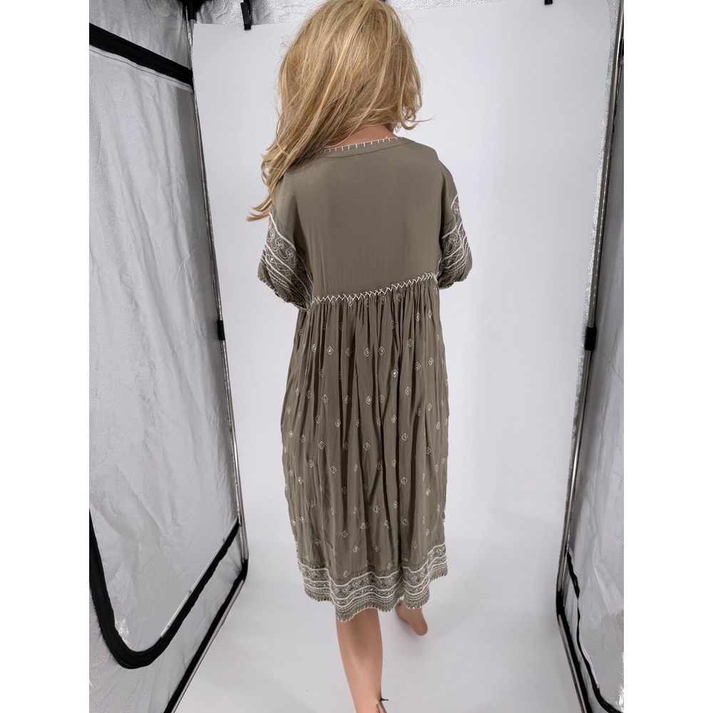 Sundance Womens Olive Green Embroidered Sequin Tassel Peasant Dress Medium Boho - Picture 3 of 10
